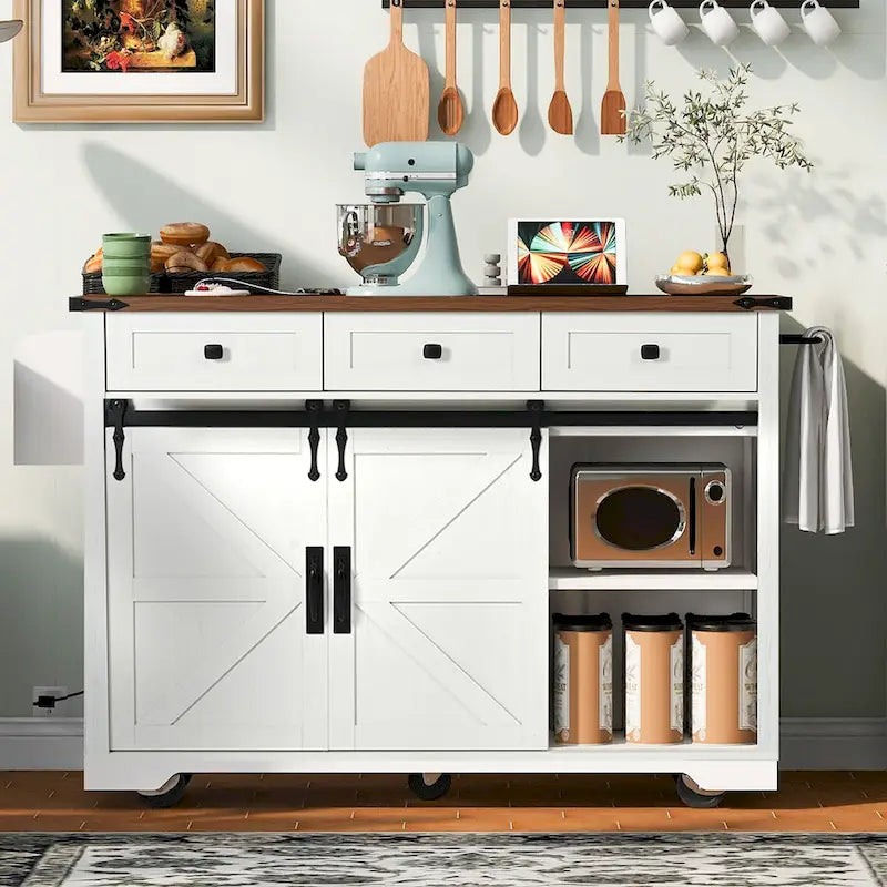 53.7-Inch Farmhouse Kitchen Island with Power Outlet, Featuring 2 Sliding Barn Doors and Drop Leaf Design 2