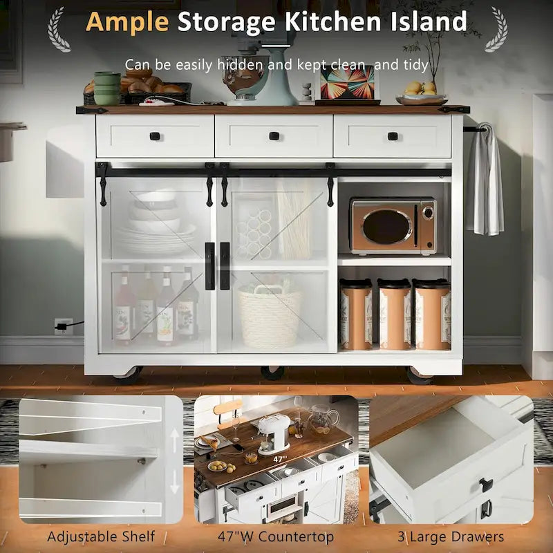 53.7-Inch Farmhouse Kitchen Island with Power Outlet, Featuring 2 Sliding Barn Doors and Drop Leaf Design 4