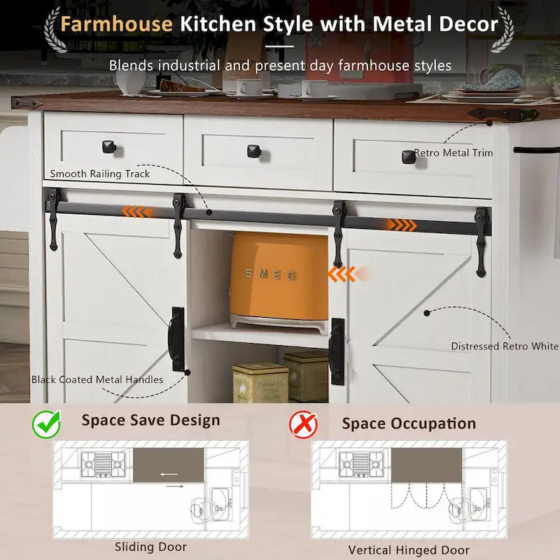 53.7-Inch Farmhouse Kitchen Island with Power Outlet, Featuring 2 Sliding Barn Doors and Drop Leaf Design 6