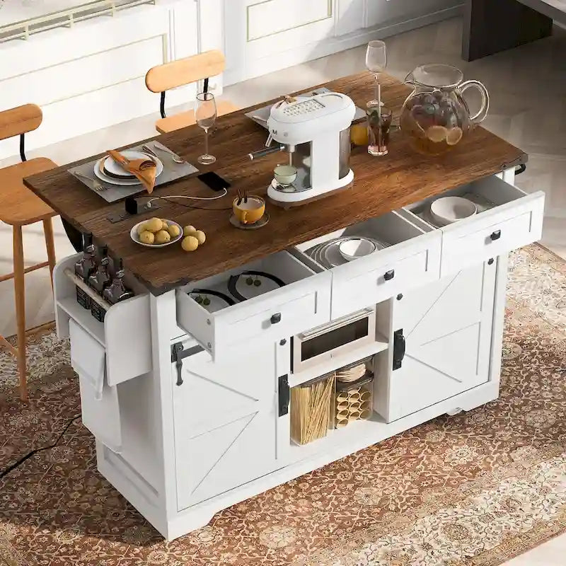 53.7-Inch Farmhouse Kitchen Island with Power Outlet, Featuring 2 Sliding Barn Doors and Drop Leaf Design 7