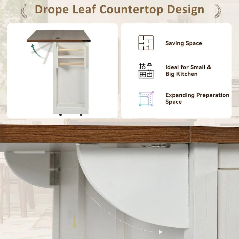 53.7-Inch Farmhouse Kitchen Island with Power Outlet, Featuring 2 Sliding Barn Doors and Drop Leaf Design 10