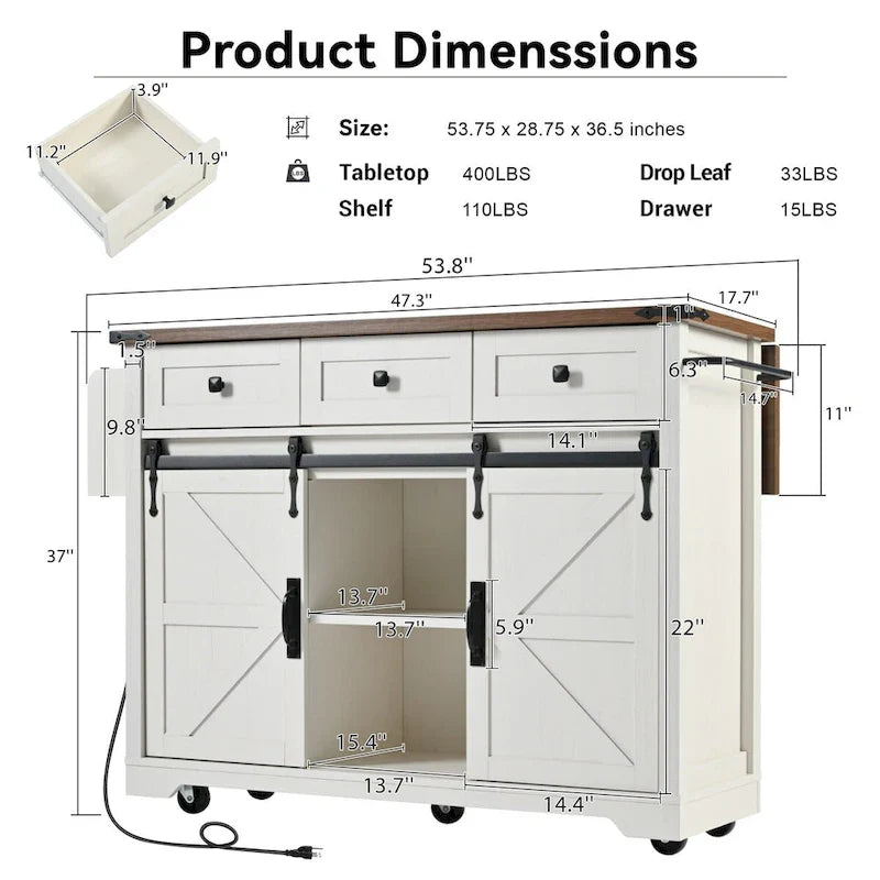 53.7-Inch Farmhouse Kitchen Island with Power Outlet, Featuring 2 Sliding Barn Doors and Drop Leaf Design 11