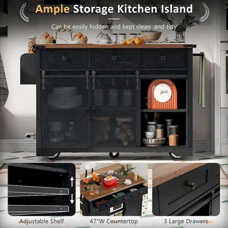 53.7-Inch Farmhouse Kitchen Island with Power Outlet, Featuring 2 Sliding Barn Doors and Drop Leaf Design 13