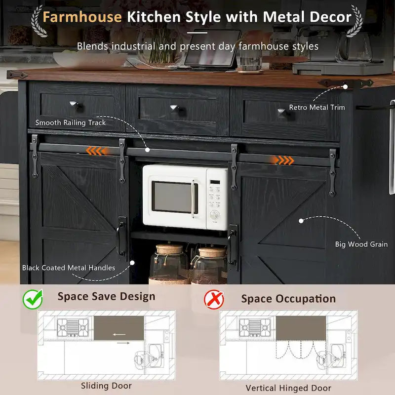 53.7-Inch Farmhouse Kitchen Island with Power Outlet, Featuring 2 Sliding Barn Doors and Drop Leaf Design 16