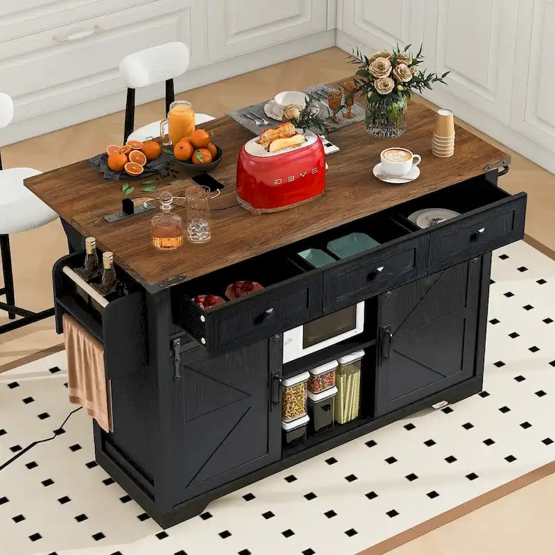 53.7-Inch Farmhouse Kitchen Island with Power Outlet, Featuring 2 Sliding Barn Doors and Drop Leaf Design 17