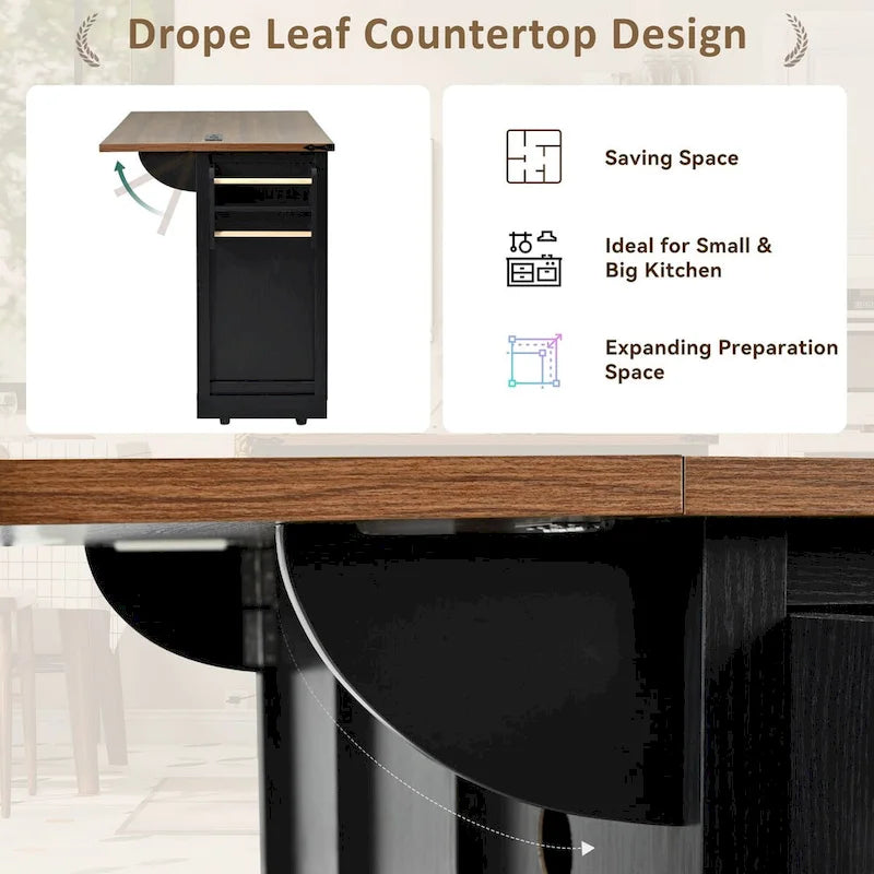 53.7-Inch Farmhouse Kitchen Island with Power Outlet, Featuring 2 Sliding Barn Doors and Drop Leaf Design 20