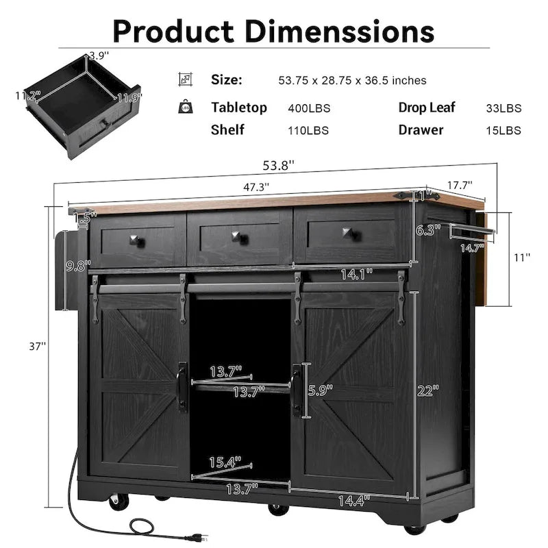 53.7-Inch Farmhouse Kitchen Island with Power Outlet, Featuring 2 Sliding Barn Doors and Drop Leaf Design 21