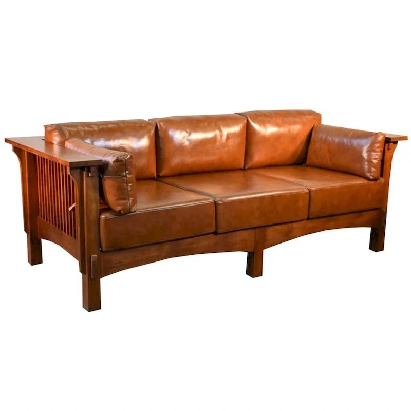 Mission Crofter Sofa - Solid Quarter-Sawn White Oak with Russet Leather Cushions 1