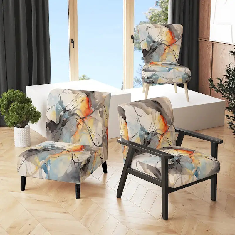 Designart Marble Serenity Gray Watercolor Waves Upholstered Accent Chair with Abstract Shapes 1