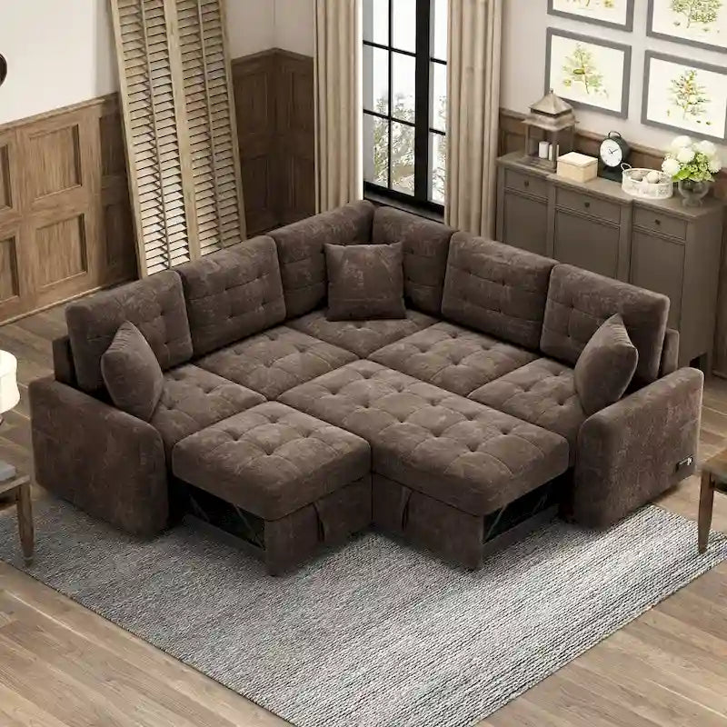 L-Shaped Pull-Out Sleeper Sofa with Wheels, USB Charging Ports, and Power Outlets 1