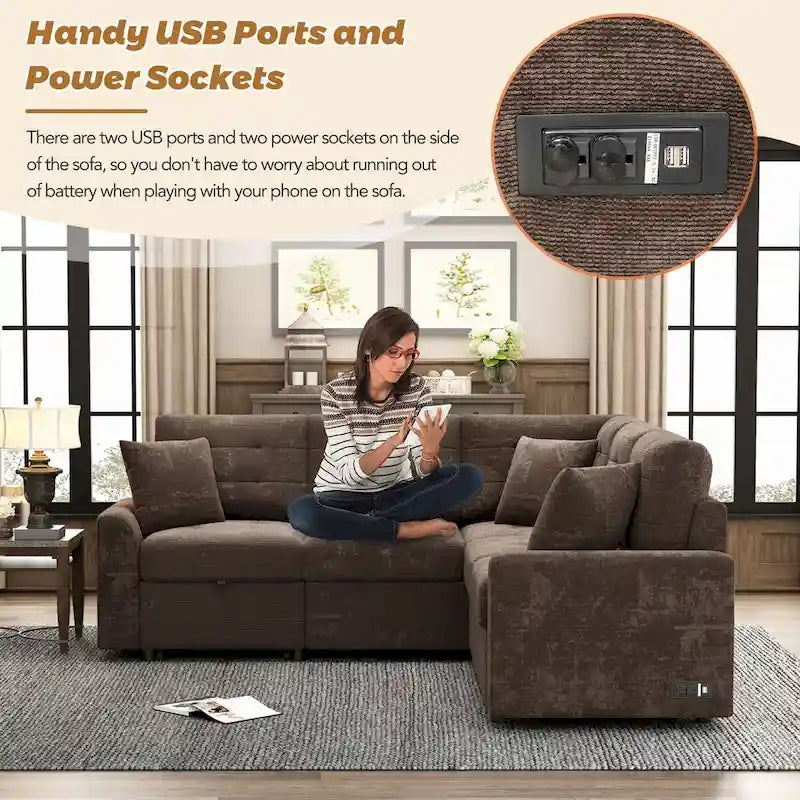 L-Shaped Pull-Out Sleeper Sofa with Wheels, USB Charging Ports, and Power Outlets 6