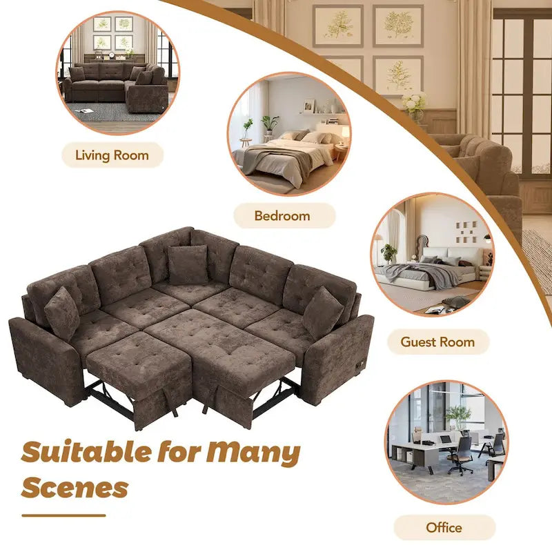 L-Shaped Pull-Out Sleeper Sofa with Wheels, USB Charging Ports, and Power Outlets 8