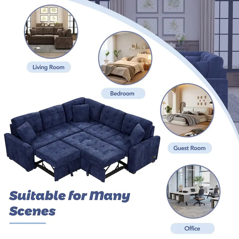 L-Shaped Pull-Out Sleeper Sofa with Wheels, USB Charging Ports, and Power Outlets 15