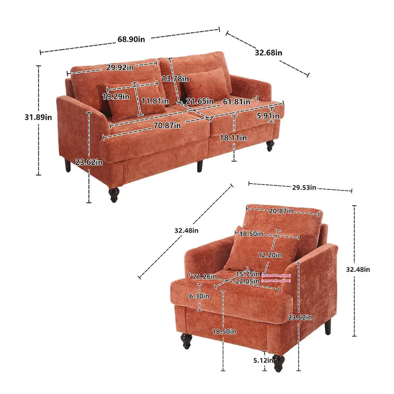 HOMEFUN Chenille Upholstered Loveseat and Armchair Set with Wooden Frame for Living Room 6