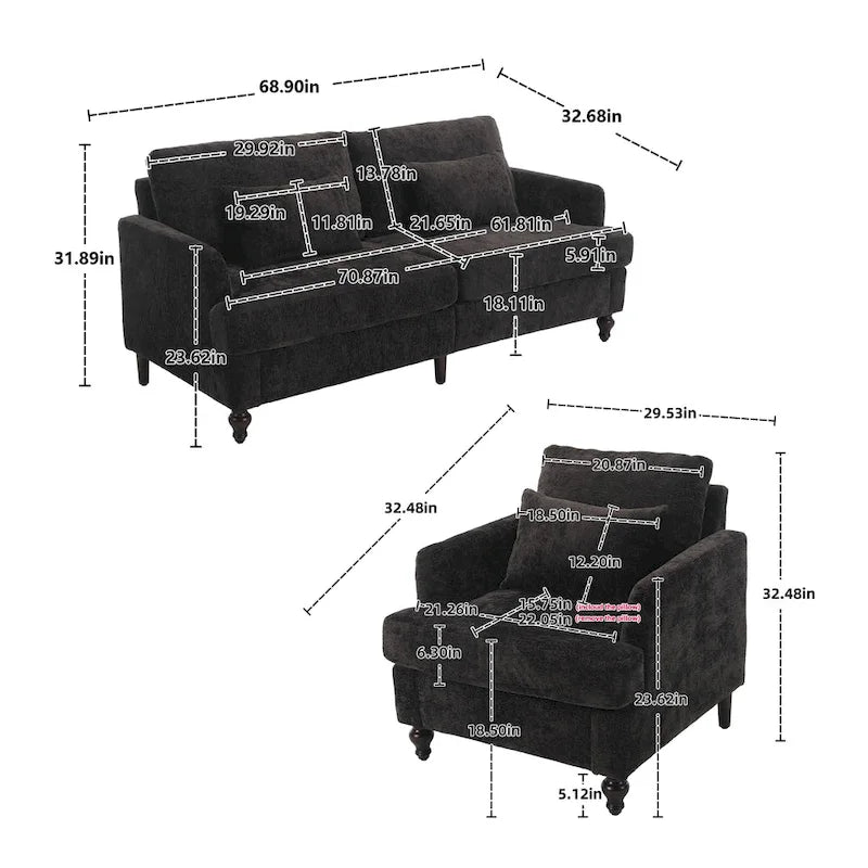 HOMEFUN Chenille Upholstered Loveseat and Armchair Set with Wooden Frame for Living Room 11