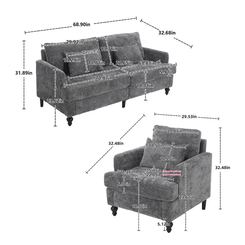HOMEFUN Chenille Upholstered Loveseat and Armchair Set with Wooden Frame for Living Room 22