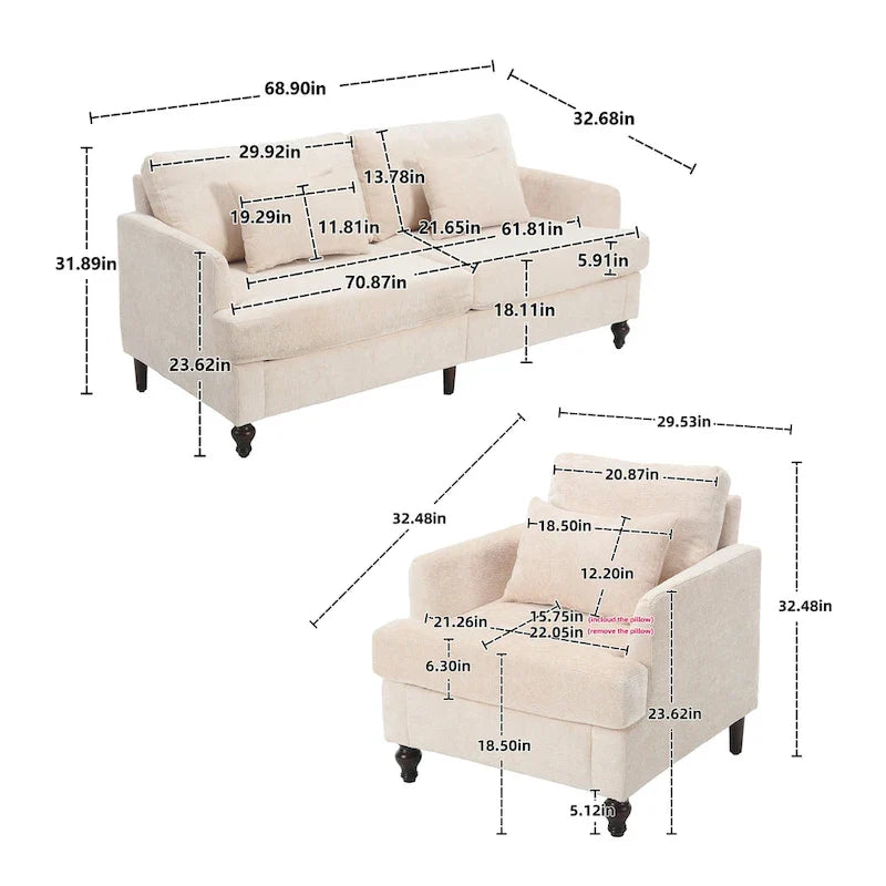 HOMEFUN Chenille Upholstered Loveseat and Armchair Set with Wooden Frame for Living Room 26