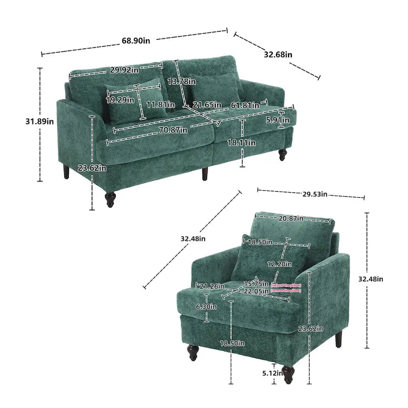 HOMEFUN Chenille Upholstered Loveseat and Armchair Set with Wooden Frame for Living Room 31