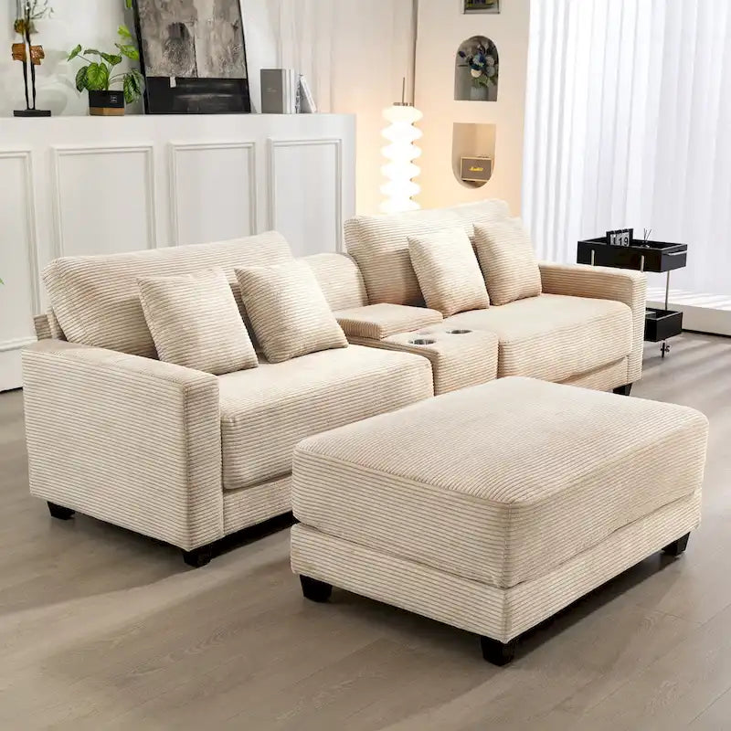 Oversized Corduroy Ottoman with Cushioned Top and Tapered Legs 5