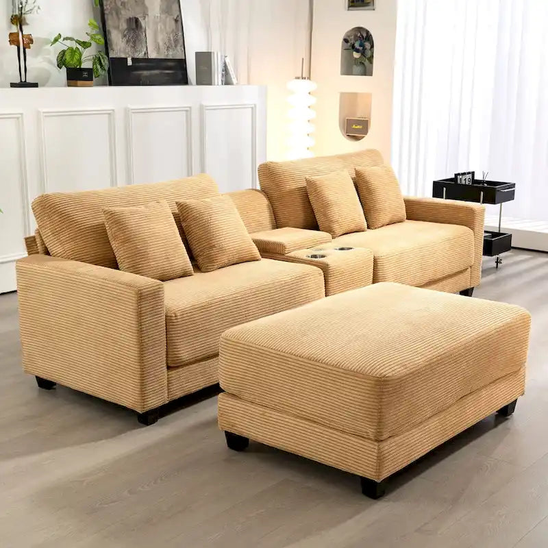 Oversized Corduroy Ottoman with Cushioned Top and Tapered Legs 30