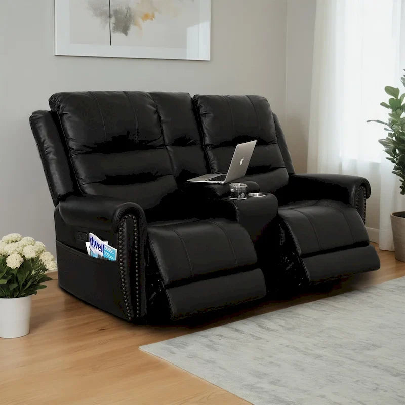 Authentic Leather Black Power Recliner Sofa Set: Loveseat and Recliner with Adjustable Headrest and Extendable Footrest 1