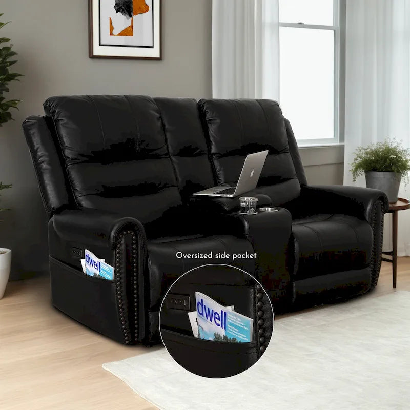 Authentic Leather Black Power Recliner Sofa Set: Loveseat and Recliner with Adjustable Headrest and Extendable Footrest 2