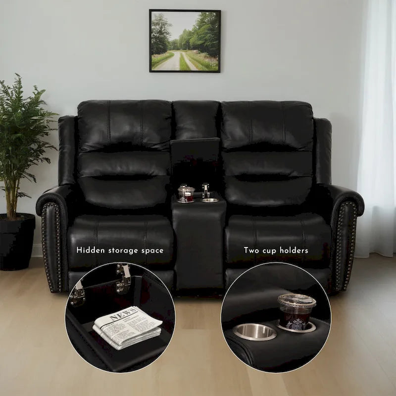 Authentic Leather Black Power Recliner Sofa Set: Loveseat and Recliner with Adjustable Headrest and Extendable Footrest 3