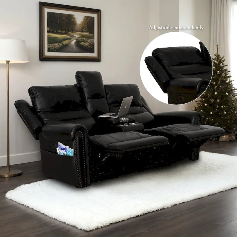 Authentic Leather Black Power Recliner Sofa Set: Loveseat and Recliner with Adjustable Headrest and Extendable Footrest 4