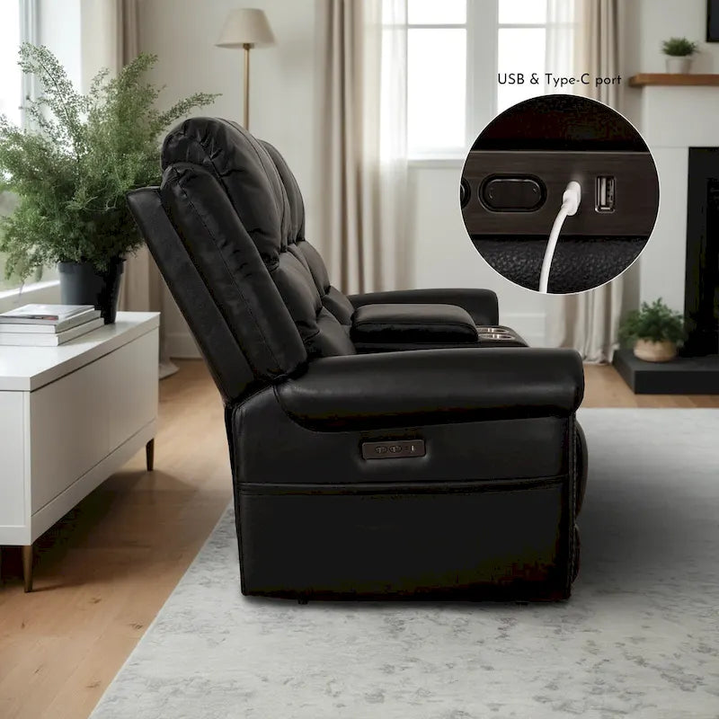 Authentic Leather Black Power Recliner Sofa Set: Loveseat and Recliner with Adjustable Headrest and Extendable Footrest 5