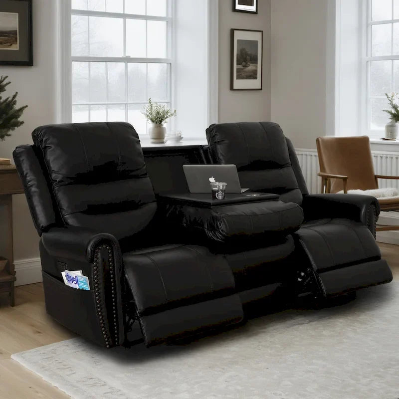 Authentic Leather Black Power Recliner Sofa Set: Loveseat and Recliner with Adjustable Headrest and Extendable Footrest 6
