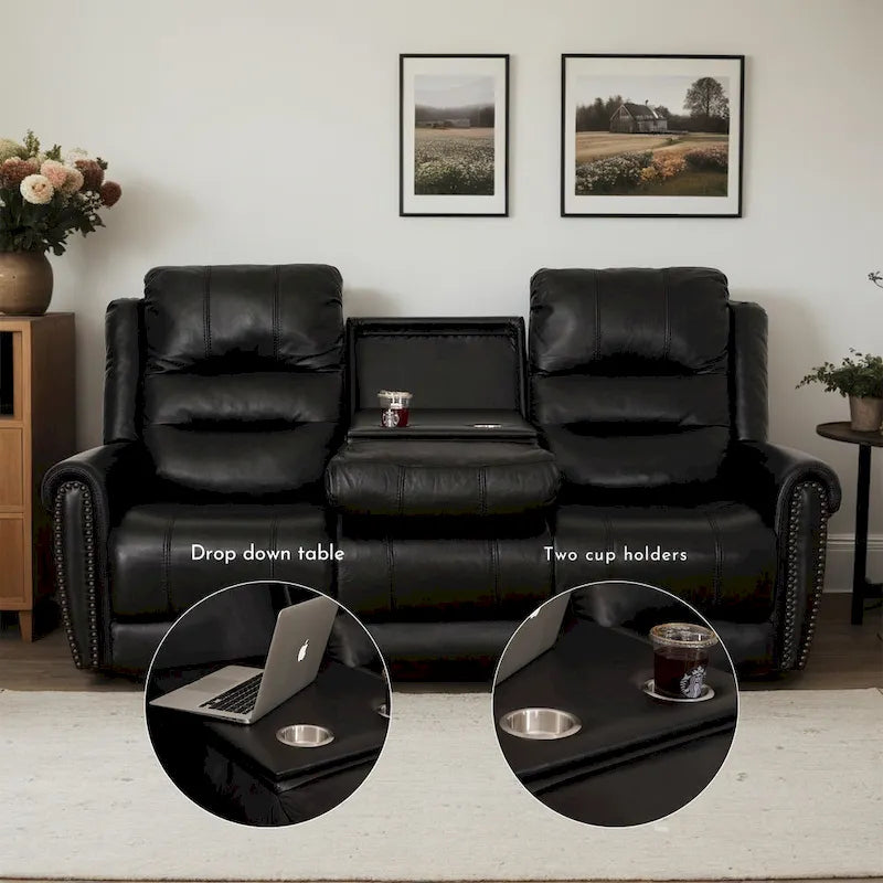 Authentic Leather Black Power Recliner Sofa Set: Loveseat and Recliner with Adjustable Headrest and Extendable Footrest 9