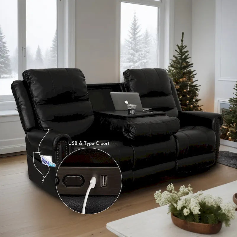 Authentic Leather Black Power Recliner Sofa Set: Loveseat and Recliner with Adjustable Headrest and Extendable Footrest 10