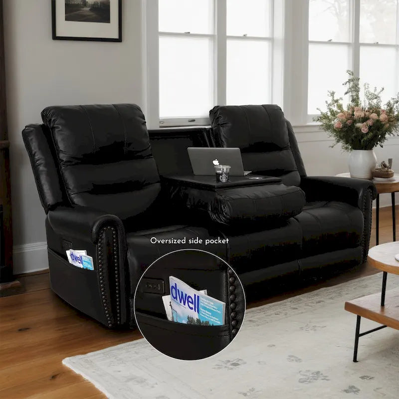 Authentic Leather Black Power Recliner Sofa Set: Loveseat and Recliner with Adjustable Headrest and Extendable Footrest 11