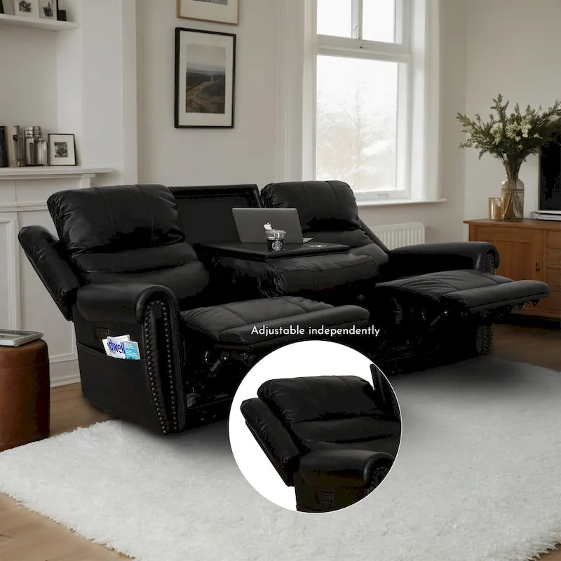 Authentic Leather Black Power Recliner Sofa Set: Loveseat and Recliner with Adjustable Headrest and Extendable Footrest 12