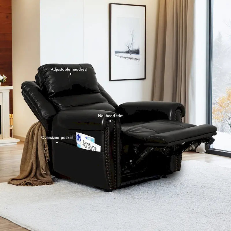 Authentic Leather Black Power Recliner Sofa Set: Loveseat and Recliner with Adjustable Headrest and Extendable Footrest 15