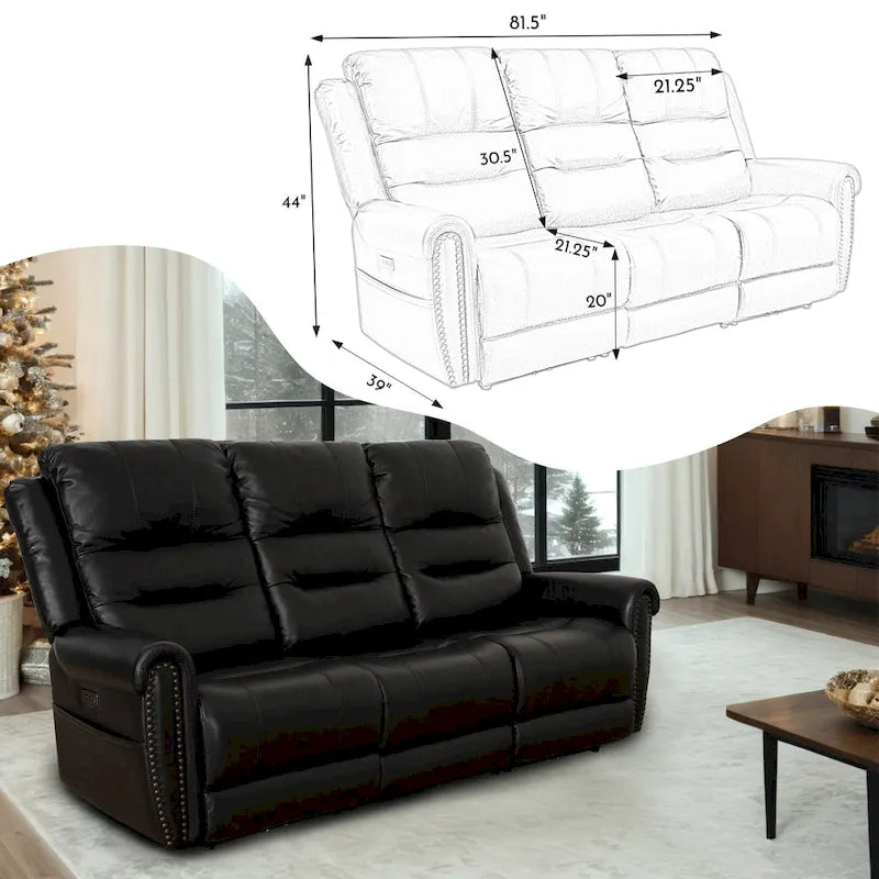 Authentic Leather Black Power Recliner Sofa Set: Loveseat and Recliner with Adjustable Headrest and Extendable Footrest 19