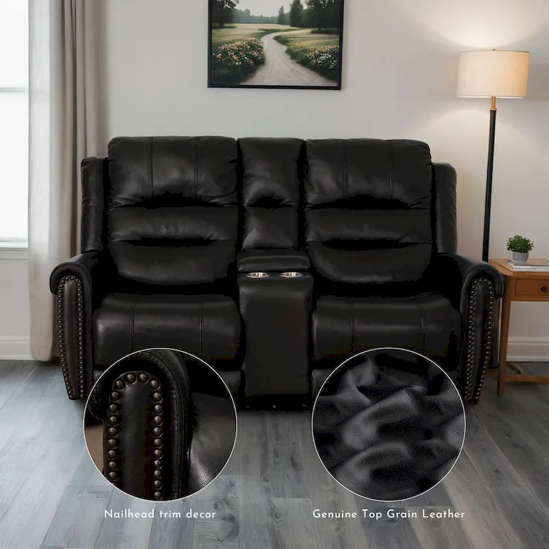 Authentic Leather Black Power Recliner Sofa Set: Loveseat and Recliner with Adjustable Headrest and Extendable Footrest 24