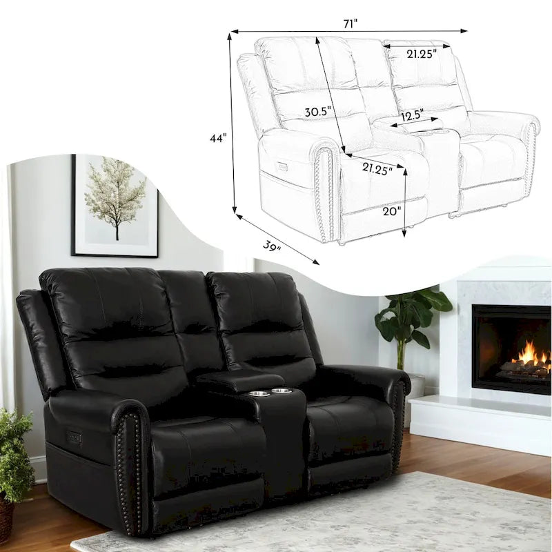 Authentic Leather Black Power Recliner Sofa Set: Loveseat and Recliner with Adjustable Headrest and Extendable Footrest 25