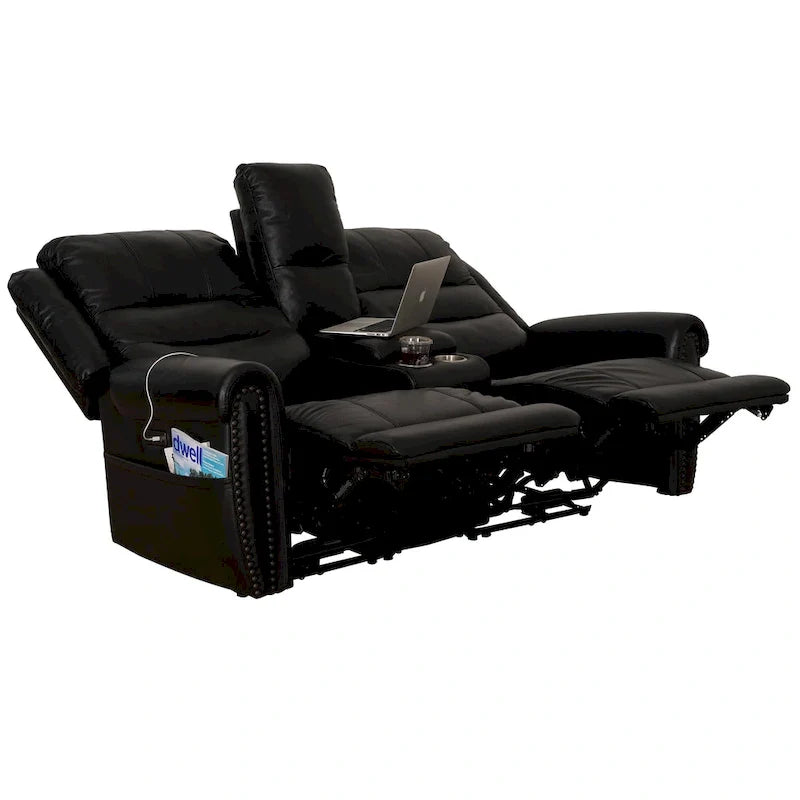Authentic Leather Black Power Recliner Sofa Set: Loveseat and Recliner with Adjustable Headrest and Extendable Footrest 28
