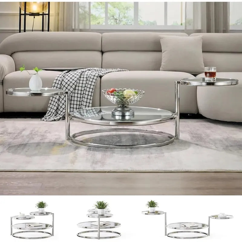 3-Tier Round Glass Coffee Table with 360-Degree Rotating Top 3