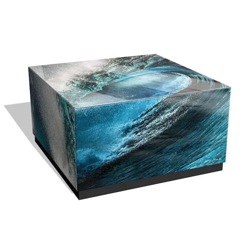 Sapphire Sea Beveled Art Glass Cocktail Table with Black Plinth Base - Reverse Printed Design 1