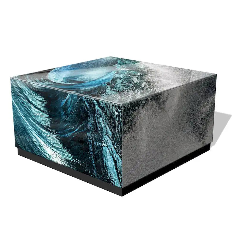 Sapphire Sea Beveled Art Glass Cocktail Table with Black Plinth Base - Reverse Printed Design 2