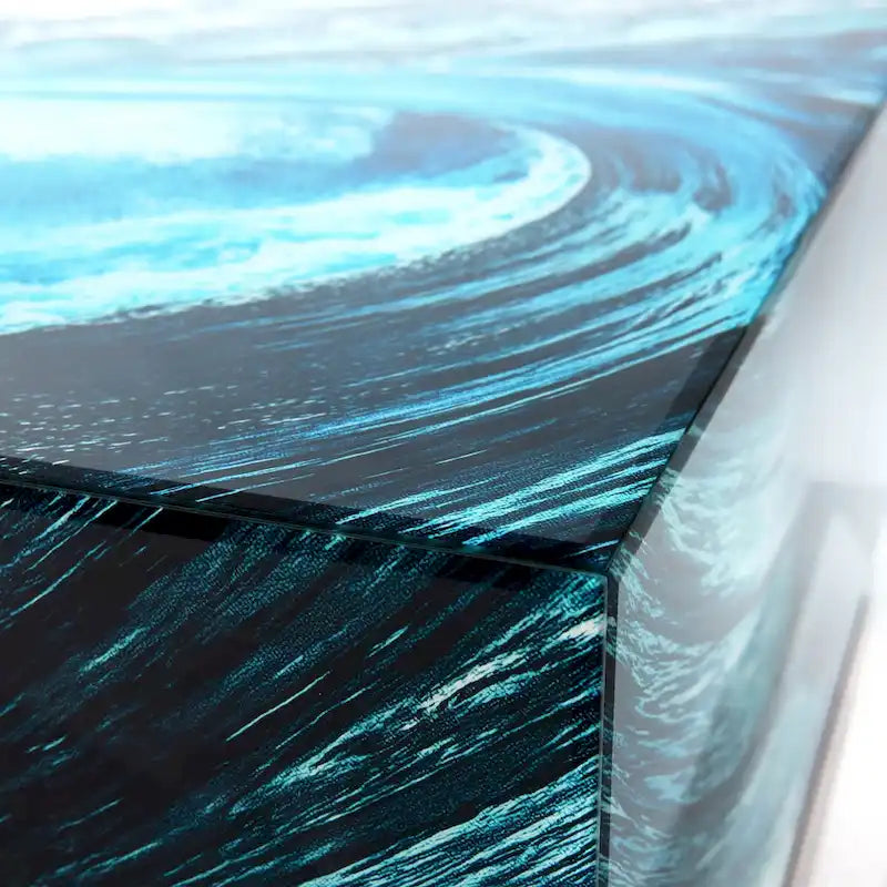Sapphire Sea Beveled Art Glass Cocktail Table with Black Plinth Base - Reverse Printed Design 3