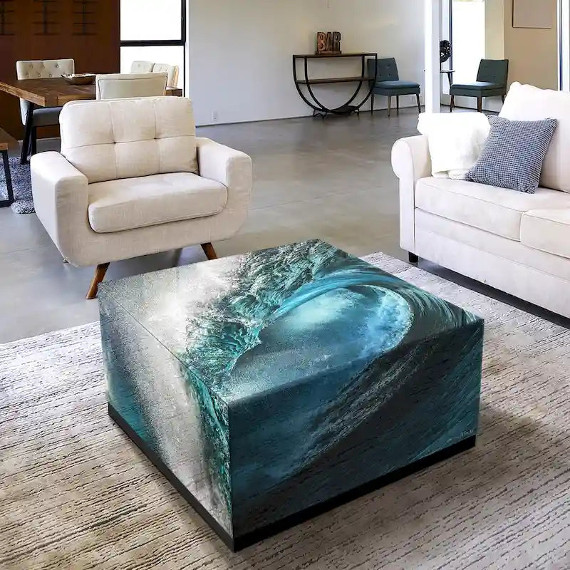 Sapphire Sea Beveled Art Glass Cocktail Table with Black Plinth Base - Reverse Printed Design 4