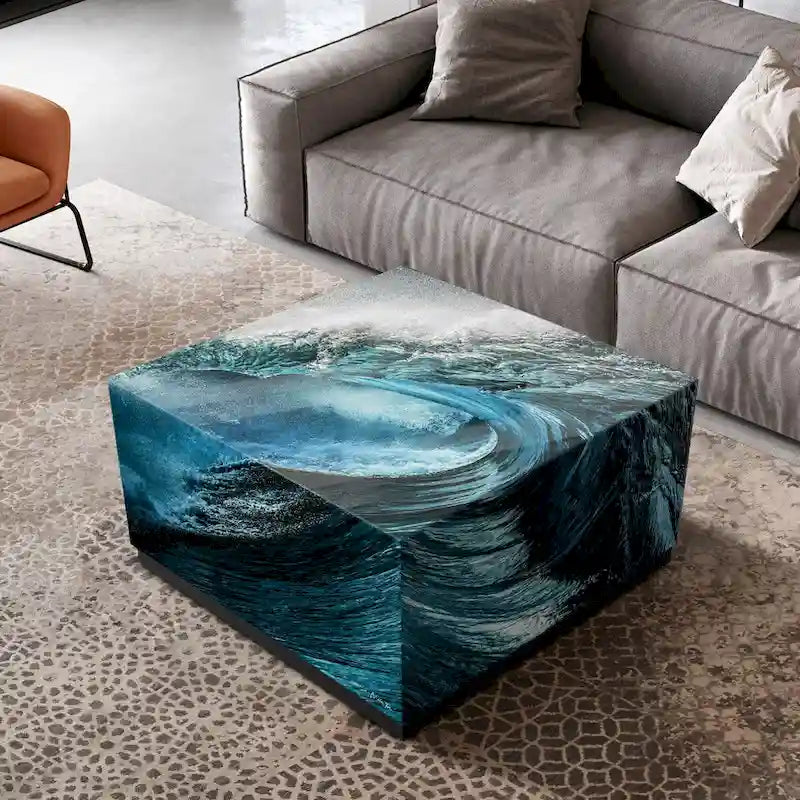 Sapphire Sea Beveled Art Glass Cocktail Table with Black Plinth Base - Reverse Printed Design 5