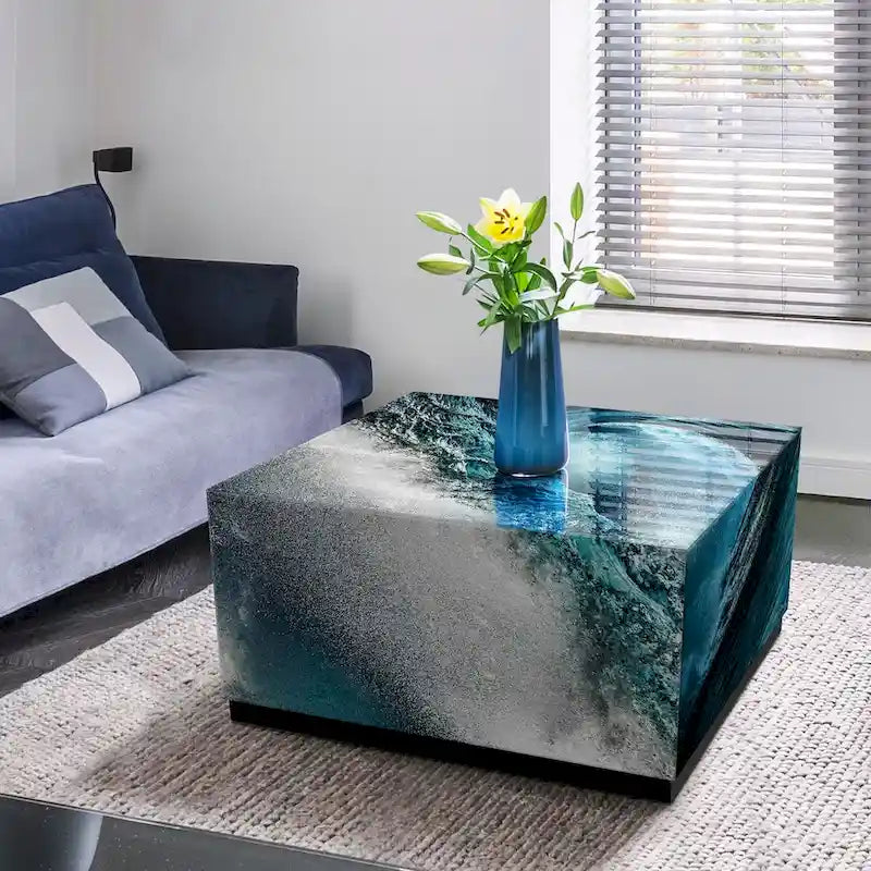 Sapphire Sea Beveled Art Glass Cocktail Table with Black Plinth Base - Reverse Printed Design 6