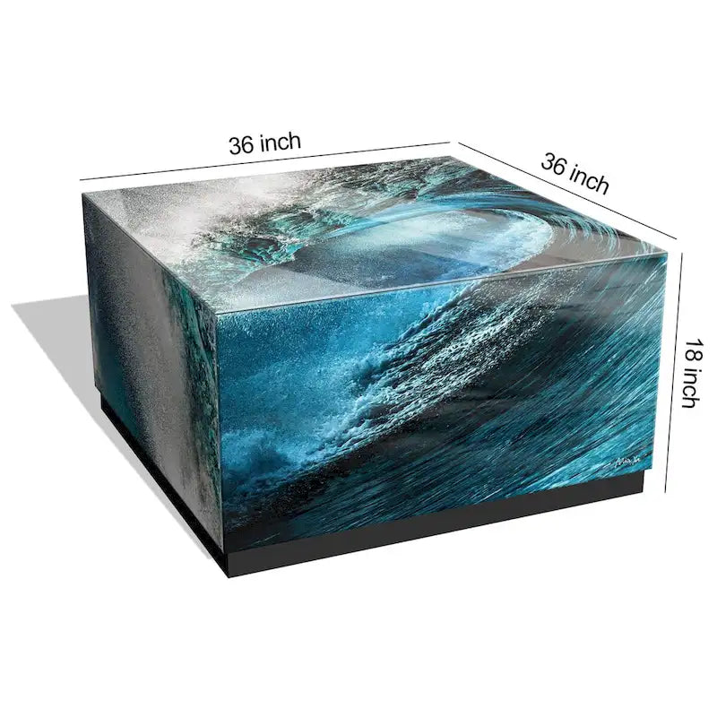 Sapphire Sea Beveled Art Glass Cocktail Table with Black Plinth Base - Reverse Printed Design 8