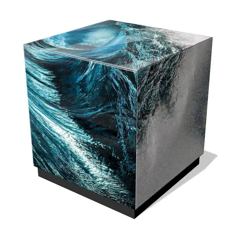 Sapphire Sea Beveled Art Glass Cocktail Table with Black Plinth Base - Reverse Printed Design 10