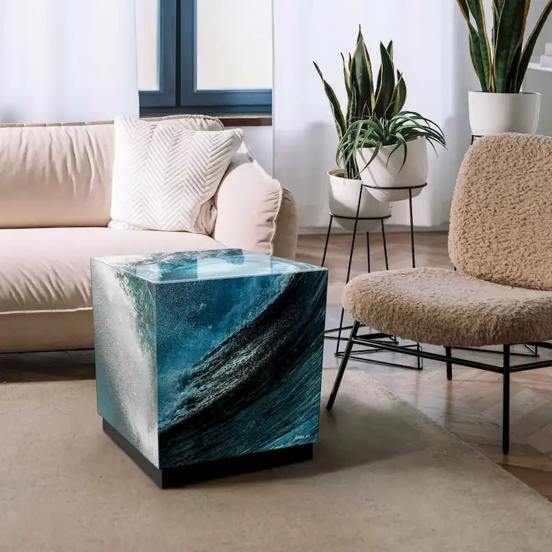 Sapphire Sea Beveled Art Glass Cocktail Table with Black Plinth Base - Reverse Printed Design 11