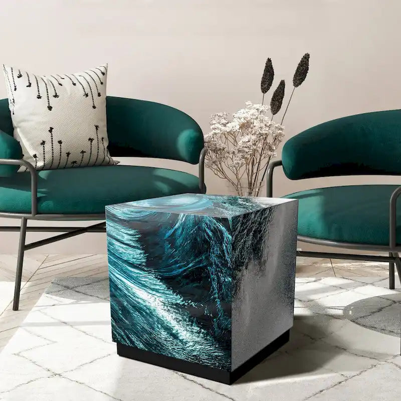 Sapphire Sea Beveled Art Glass Cocktail Table with Black Plinth Base - Reverse Printed Design 12